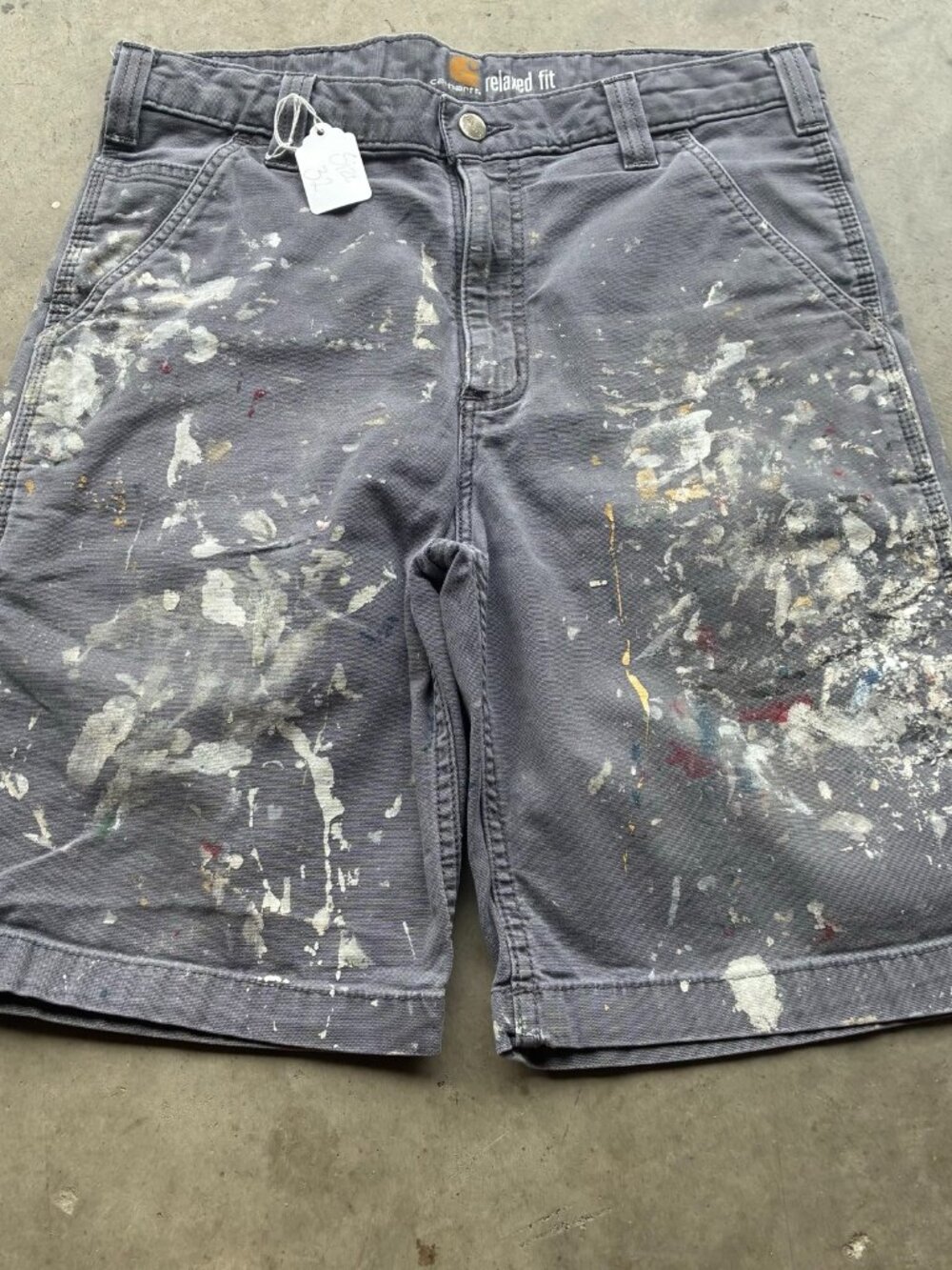 Carhartt Relaxed Fit Paint Splattered Carpenter Work Shorts Grey Distressed 32